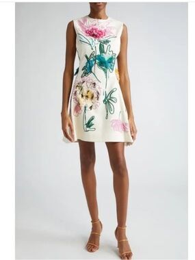 Sleeveless Floral A-Line Dress in Cream with Multicolor Blooms